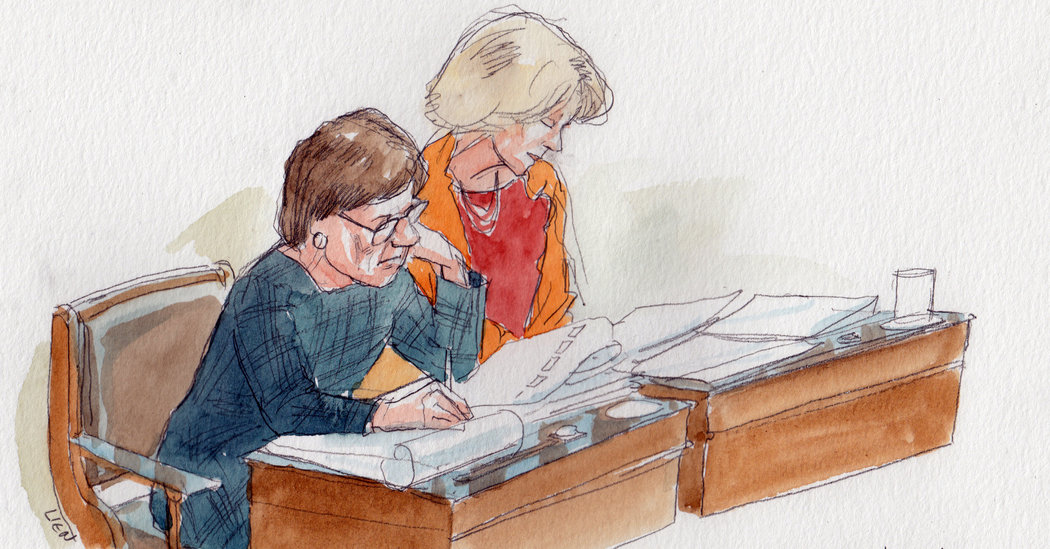 A courtroom artist illustrates 2 senators at work.