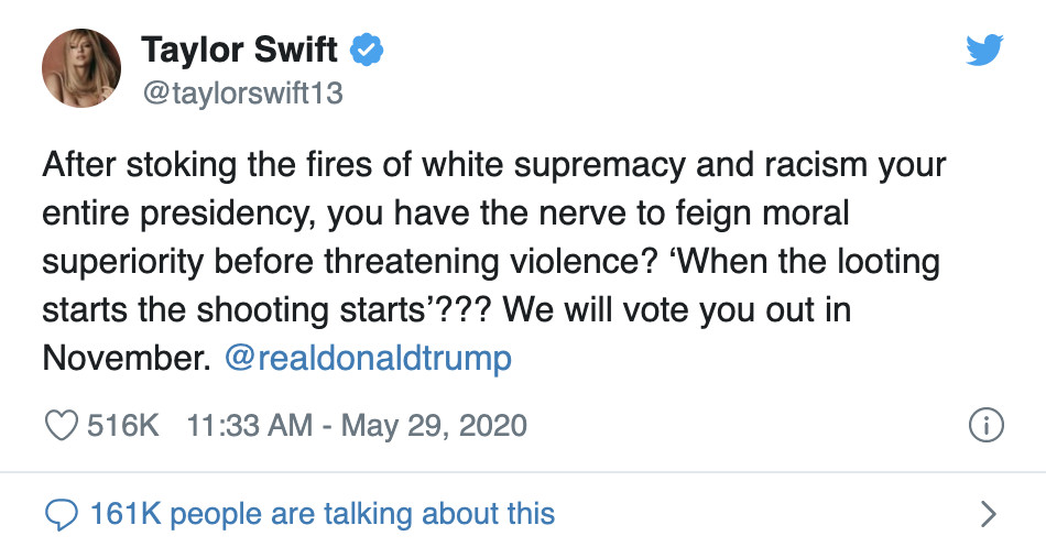 Taylor Swift responds to controversial Trump tweet on Minneapolis