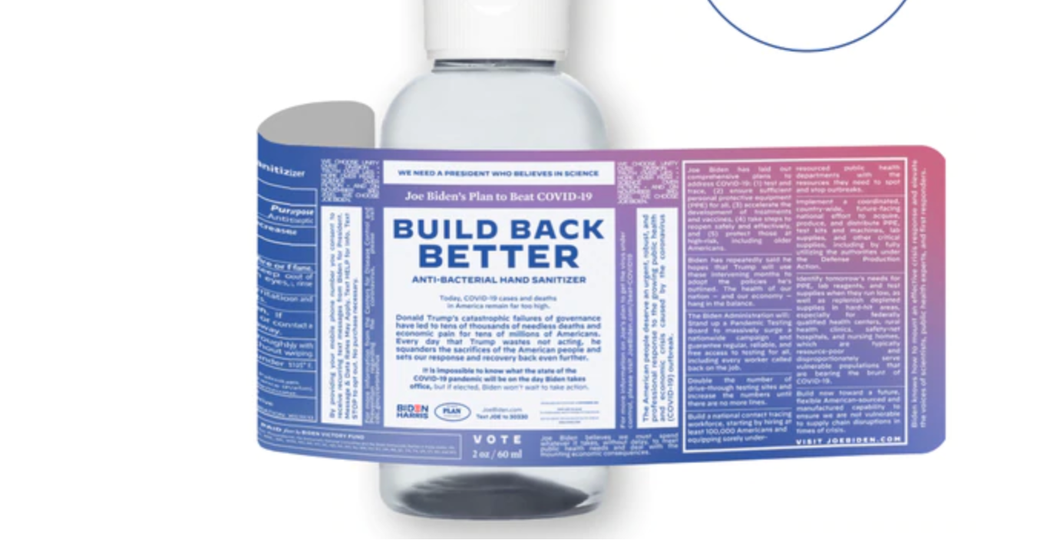 Biden is promoting hand sanitizer along with his Covid-19 plan printed on it.