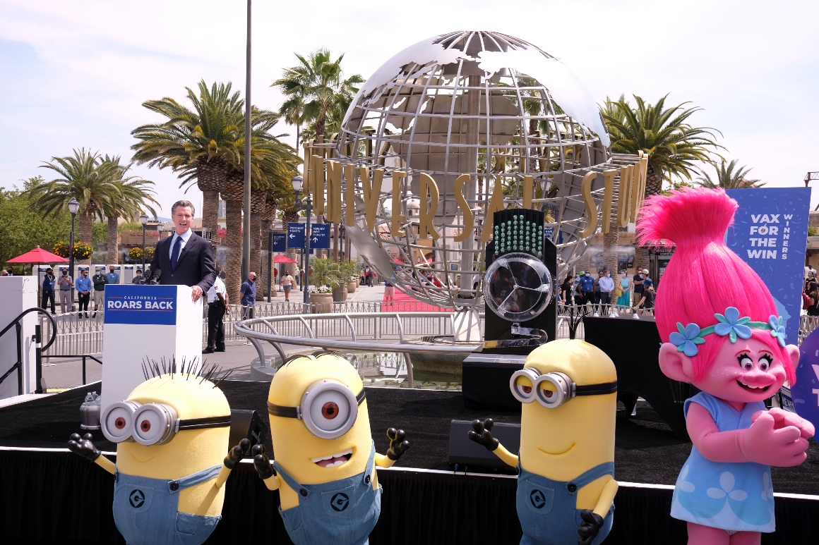 Newsom touts California reopening with Minions and a Troll