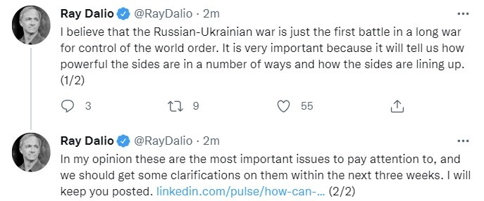 Ray Dalio says Russian-Ukrainian war is just the first battle in a long war