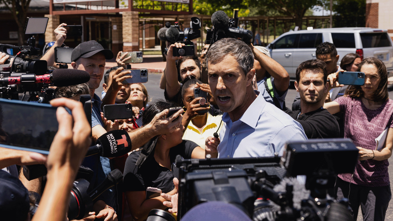 O'Rourke talks to reporters after being ejected from Texas school shooting presser