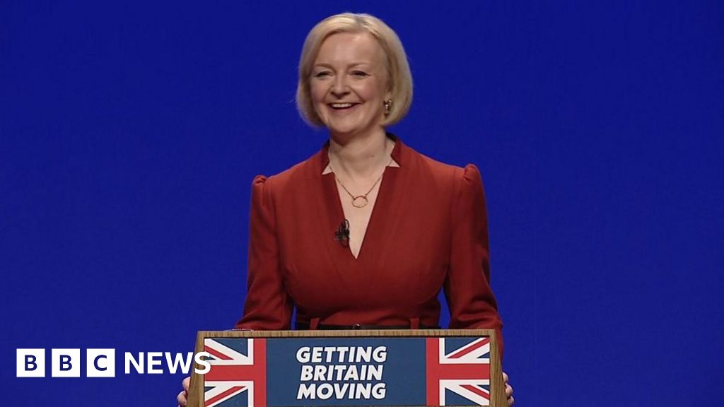 Tory conference: Liz Truss arrives on stage to Moving on Up track