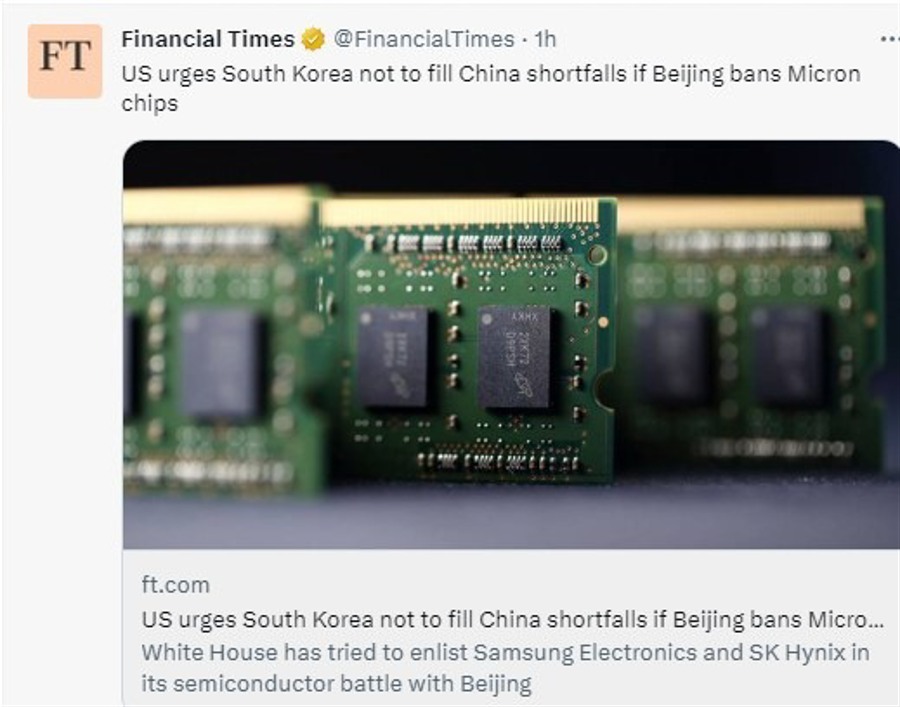 The US has asked South Korea not to fill China shortfalls if Beijing bans Micron chips