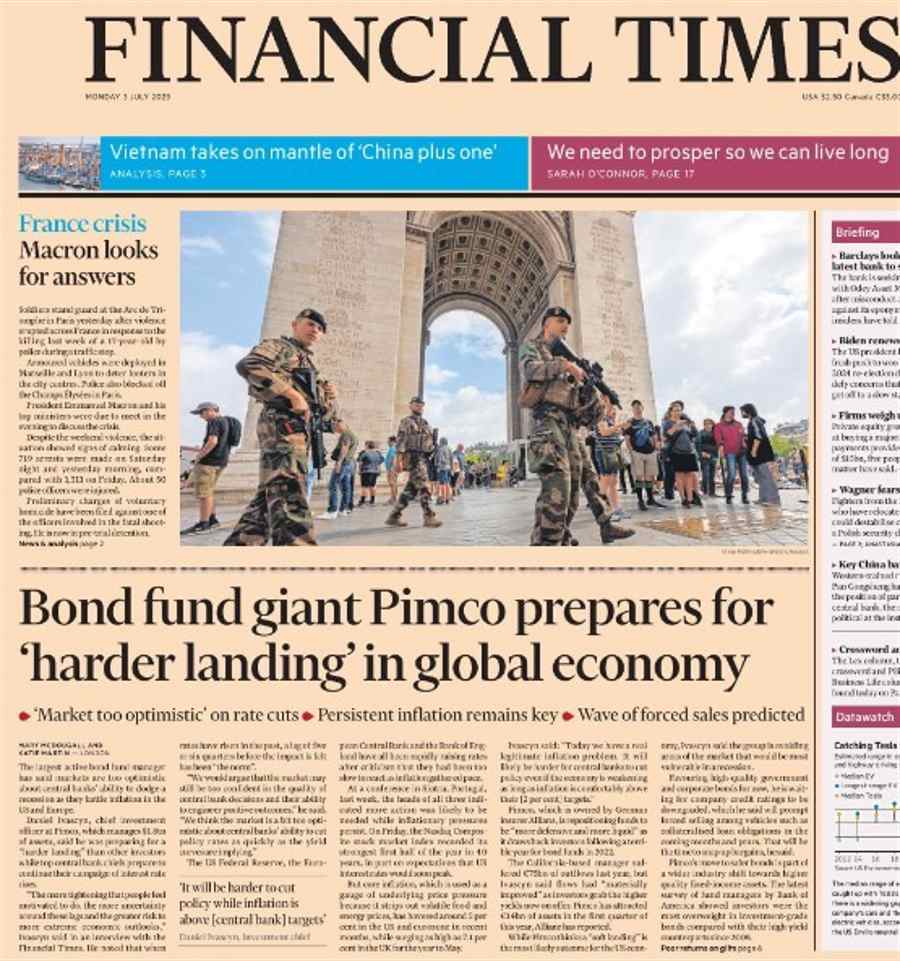 FT front page: Bond fund giant Pimco prepares for ‘harder landing’ for global economy