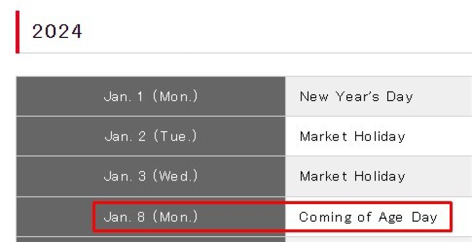 Reminder – markets in Japan are closed Monday 08 January 2024 for a holiday